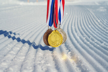 golden medal on the textured ski slopes in the snow - winter sport successful concept. Skiing,...