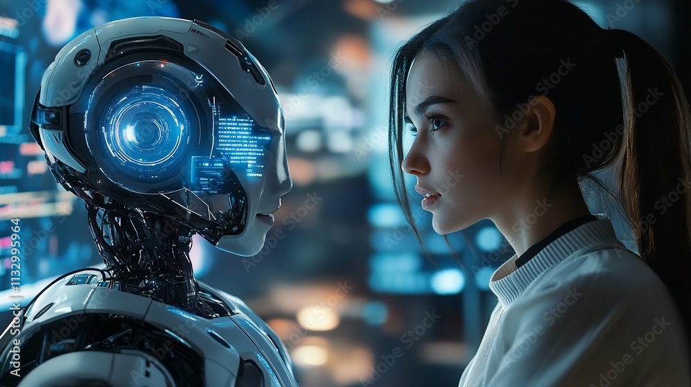 Poster a woman interacts with a humanoid robot in a futuristic setting.