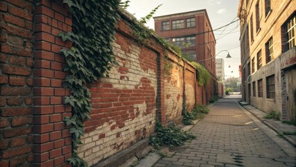 Fototapeta premium Rustic Brick Wall with Ivy in Urban Alleyway