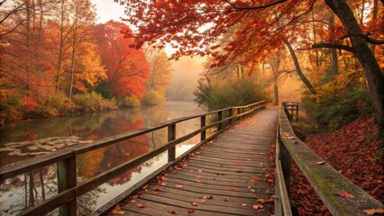 Serene Countryside Wooden Bridge Surrounded by Autumn Foliage