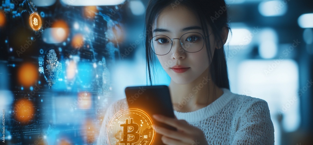 Poster a woman interacts with a smartphone displaying cryptocurrency graphics.