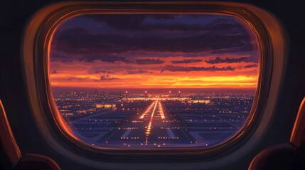 Fototapeta premium Sunset landing view from airplane window airport scenic image urban environment inside cabin travel inspiration