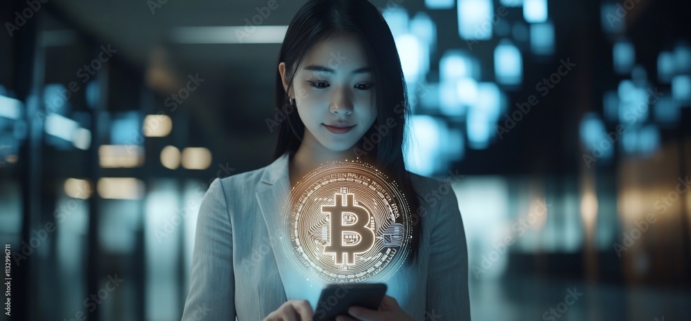 Poster a woman interacts with a smartphone displaying a bitcoin symbol.