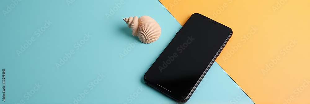 Poster Smartphone and seashell are placed together on a colorful background for a unique and visually appealing photo composition._00002_