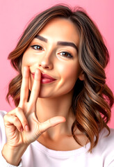 Fototapeta premium A young woman with wavy brown hair showing a peace sign with a cheerful smile, posing against a pink background with a casual and playful vibe