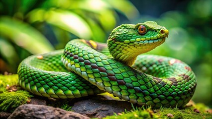 Fototapeta premium A venomous pit viper, coiled on rocks, against a vibrant green backdrop.