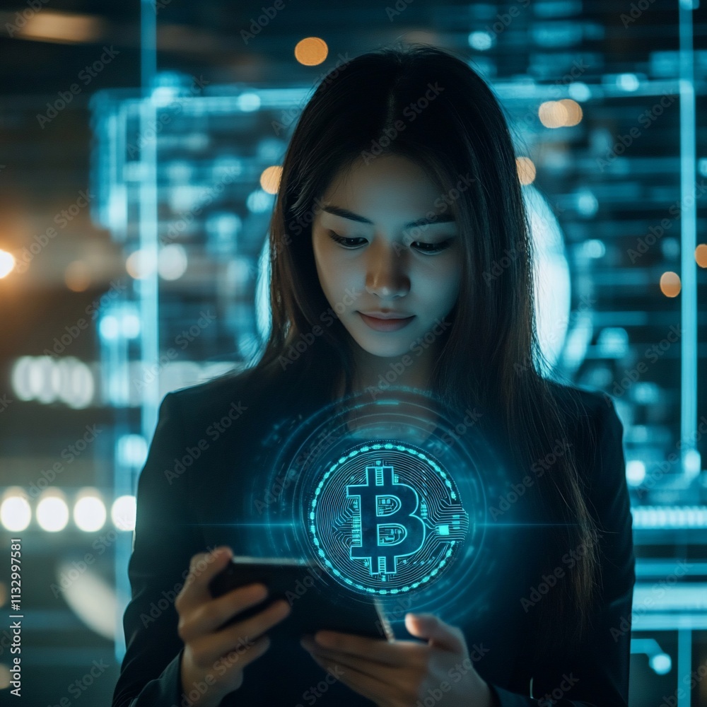 Poster a woman using a smartphone with a digital bitcoin symbol in the background.