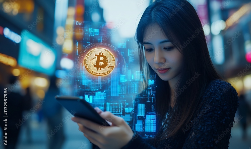 Poster a woman using a smartphone with a digital bitcoin overlay in a city.
