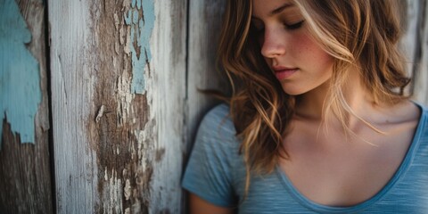 Fototapeta premium A serene portrait of a young woman leaning against weathered wood. Her soft expression and natural beauty capture a moment of calm. This image showcases an emotional and personal style. AI