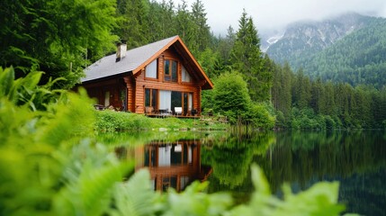 Fototapeta premium Tranquil Wooden Cabin Surrounded by Lush Greenery and Water