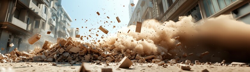 natural disasters earthquake climate concept. A powerful explosion in an urban street, sending debris and dust into the air, highlighting the impact and chaos of destruction.