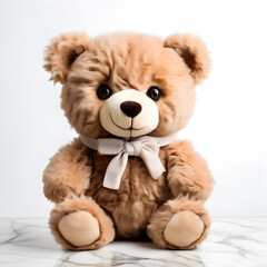 Obraz premium Cute Faux Fur Bear toy sits on a white marble table on a white background