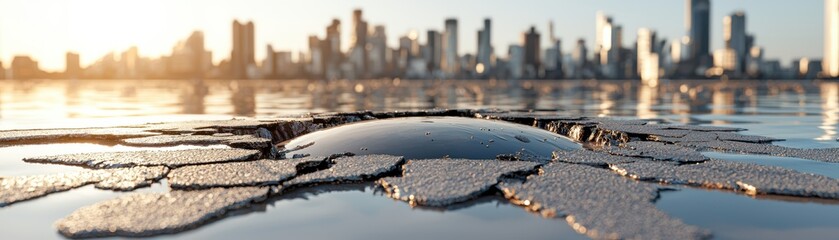 natural disasters earthquake climate concept. A serene cityscape reflects on water with cracked surfaces, showcasing the contrast between nature and urban development at sunrise.