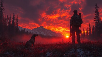 Fototapeta premium Man with dog watching fiery sunset in snowy mountains.