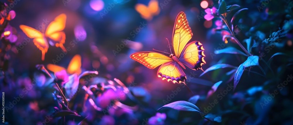 Poster ethereal landscape of vibrant butterflies illuminated by soft glow amidst lush greenery and colorful