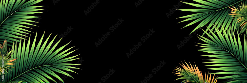 Poster Palm leaves with vibrant tropical foliage patterns placed against a sleek black background for a striking visual contrast._00002_