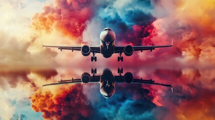 Airplane Reflecting in Colorful Clouds
