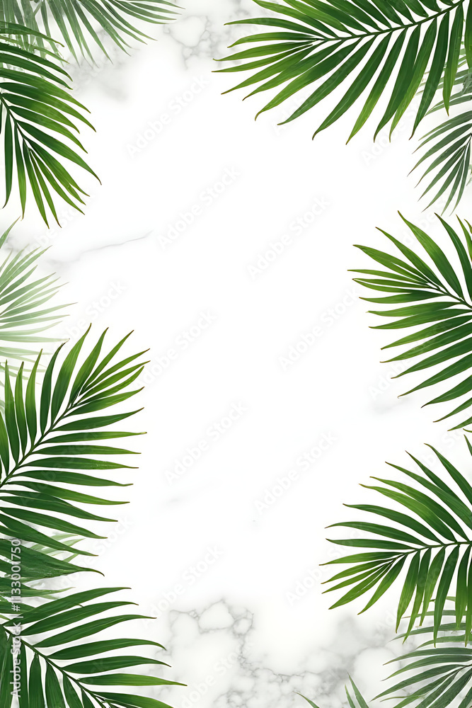 Poster Palm leaves in a tropical pattern overlay on a marble background with ample copy space available to write text._00001_