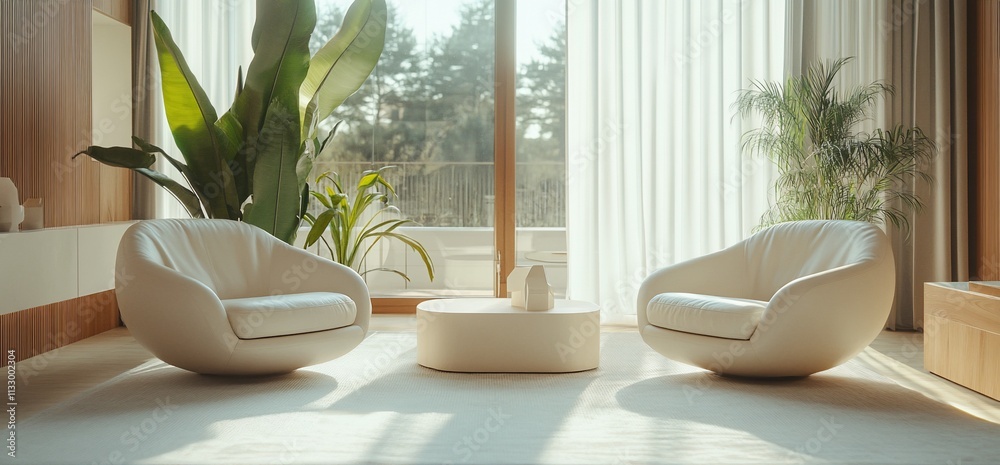 Poster modern living room with two chairs and a round table by large windows.