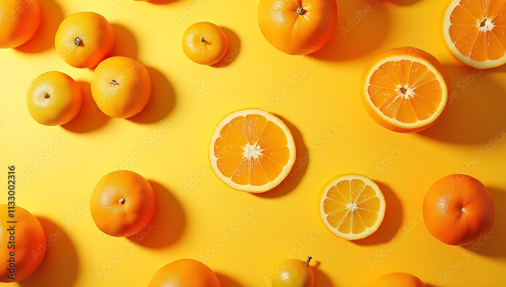 Poster Orange fruits are arranged in a vibrant and colorful flat lay composition on a simple background for display purposes._00001_