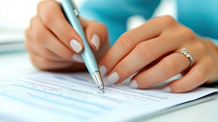 Close-up of a person signing a document with a pen in a bright indoor environment during daytime
