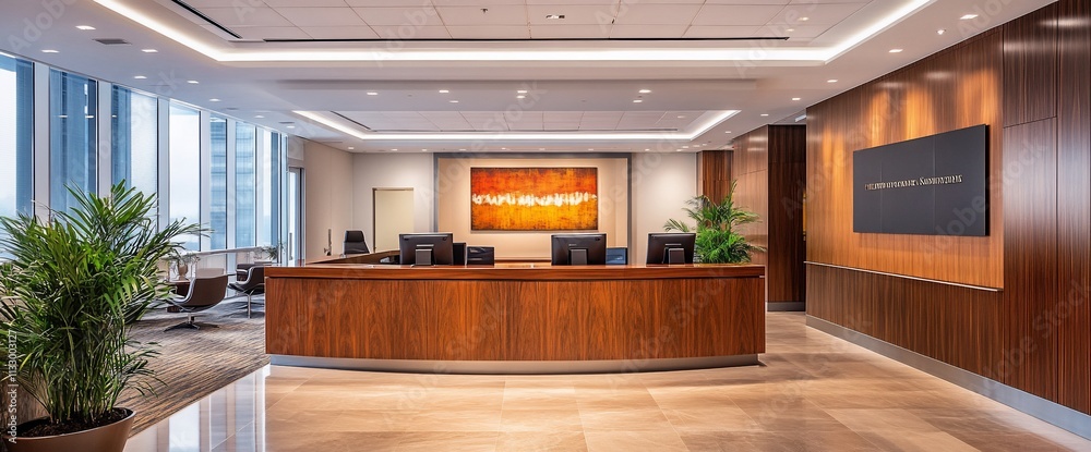 Poster modern office reception area with elegant design and warm lighting.