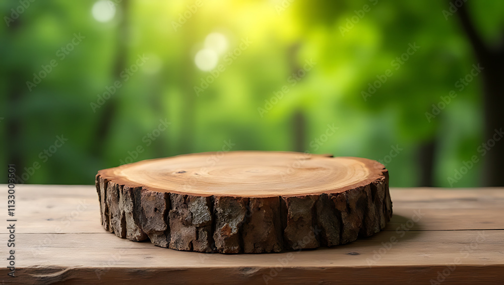 Aufkleber Old tree stump table top selectively focused with blurred green tree background ideal for product display and design visuals._00001_