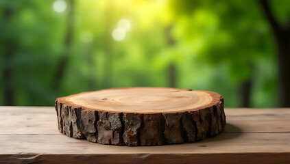 Old tree stump table top selectively focused with blurred green tree background ideal for product display and design visuals._00001_