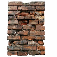 Obraz premium Weathered and broken red brick wall section isolated on white background, showing signs of age, damage, and deterioration