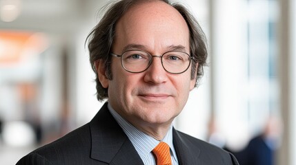 Fototapeta premium Professional portrait of a man in a business suit with glasses and an orange tie in a modern office setting