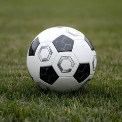 Fototapeta premium A classic black and white soccer ball resting on a green grass field in the daytime