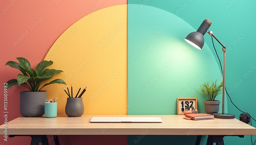 Poster Office desk table with modern accessories and supplies on a colorful background creating a visually appealing image._00002_