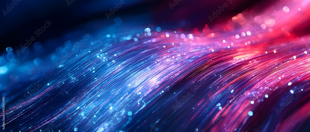 Poster Vibrant Abstract Background with Glowing Particles and Soft Curves Creating a Dreamlike Atmosphere in Blue and Red Tones for Creative Design Projects