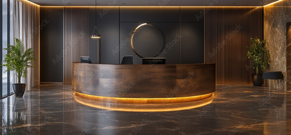 Poster modern reception area with sleek design and warm lighting.