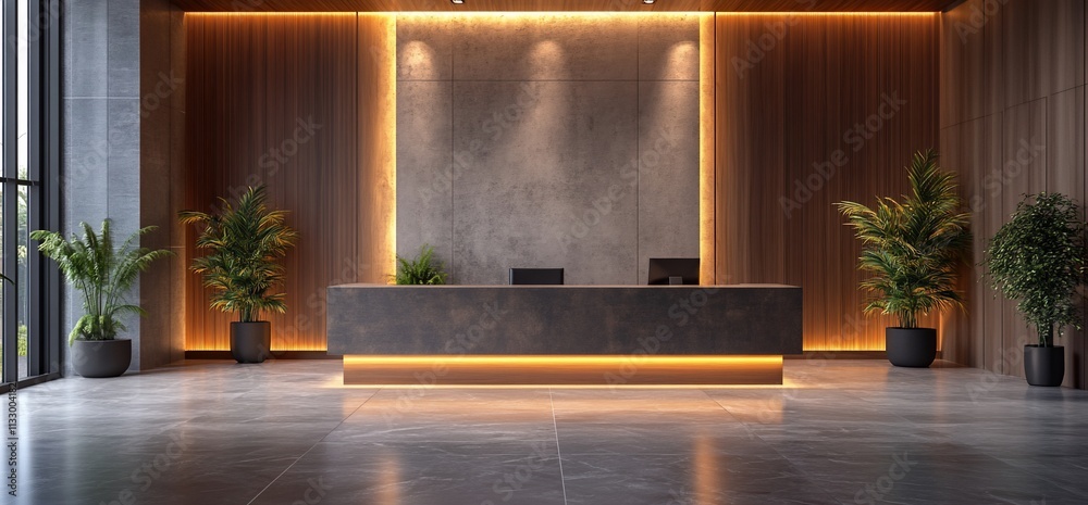 Poster modern reception area with sleek design and ambient lighting.