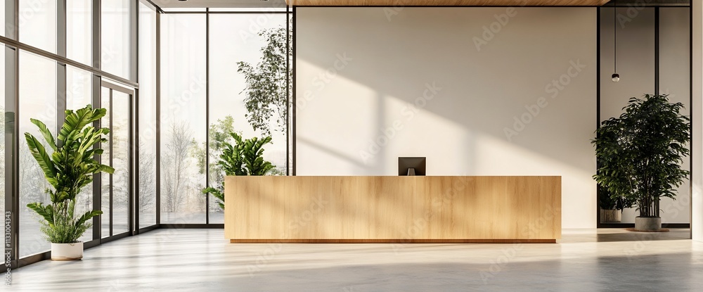 Poster modern reception area with a wooden desk and large windows.