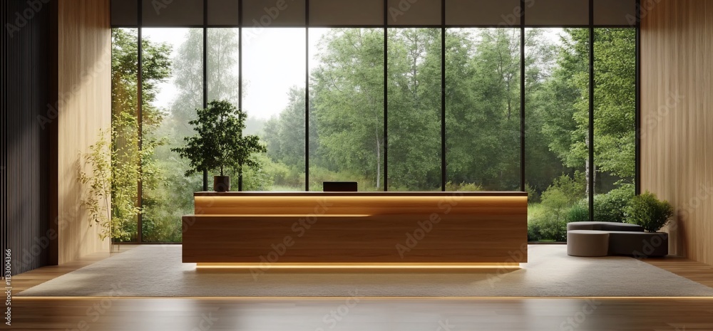 Poster modern reception area with large windows overlooking a green landscape.