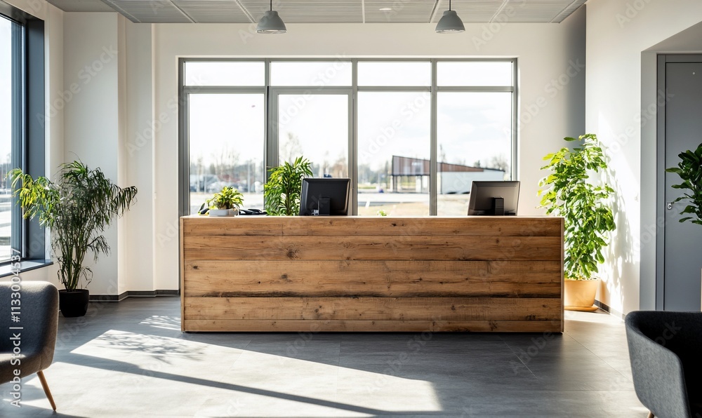 Poster modern reception area with a wooden desk and large windows.