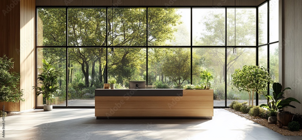 Poster modern reception area with large windows overlooking a lush garden.
