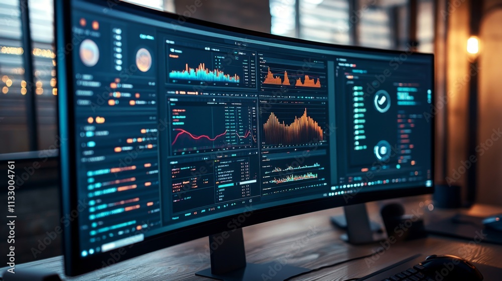 Poster data visualization dashboard analysis office environment digital content high-tech setup eye-level v