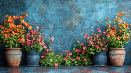 Rustic potted flowers against a blue textured wall
