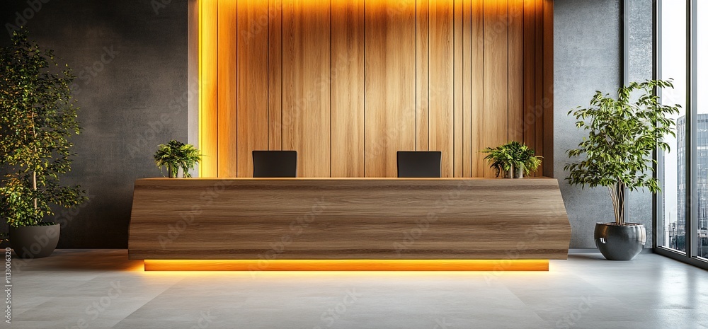 Poster modern reception area with wooden design and ambient lighting.