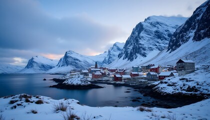 Snow-covered mountains surround a picturesque village on a rocky coastline in Norway during twilight