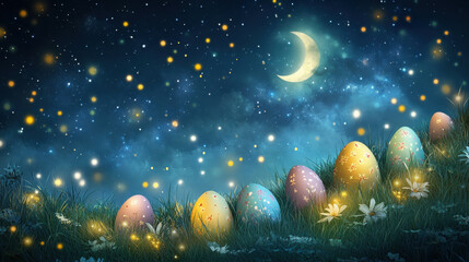 Fototapeta premium Magical night scene with colorful Easter eggs and glowing stars