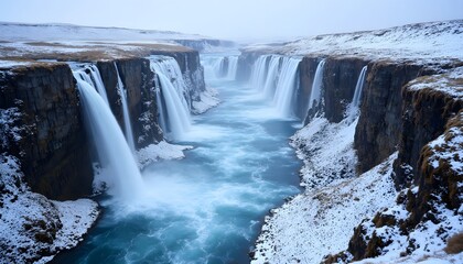 Water cascades over cliffs into a snowy river in Iceland during wintertime