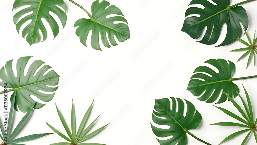 Poster monstera leaves arranged on a white background convey tropical and botanical elements in a flat lay 