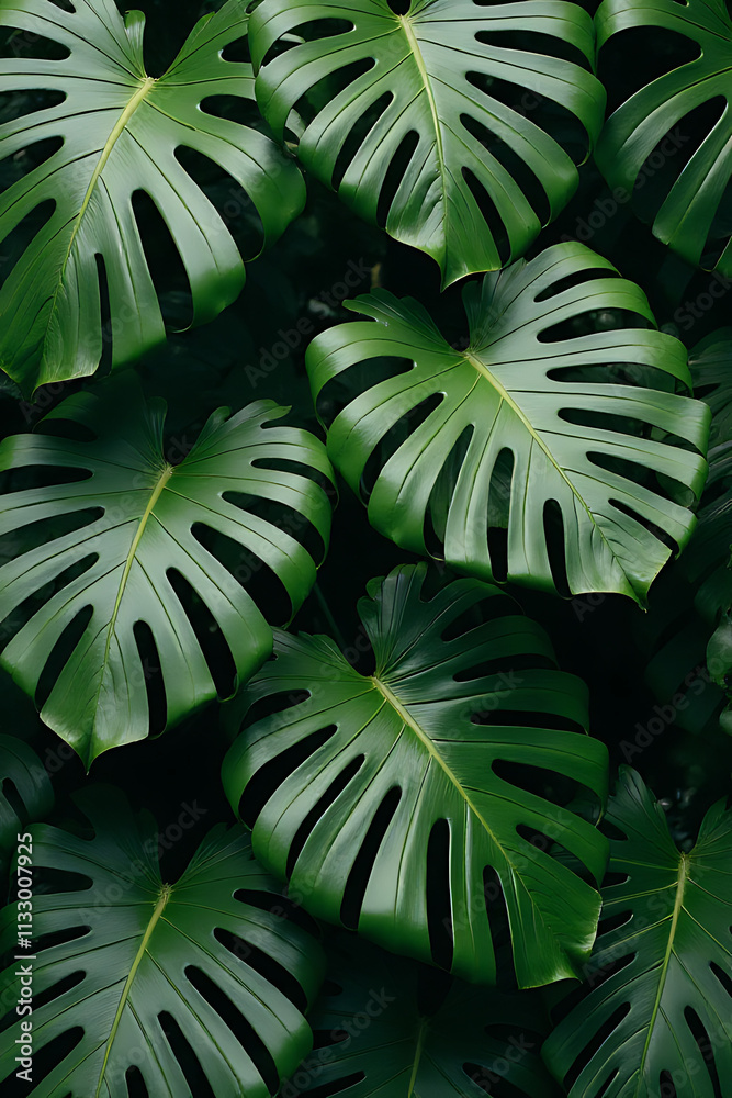 Aufkleber monstera leaves create a lush tropical backdrop with intricate botanical patterns and natural textur