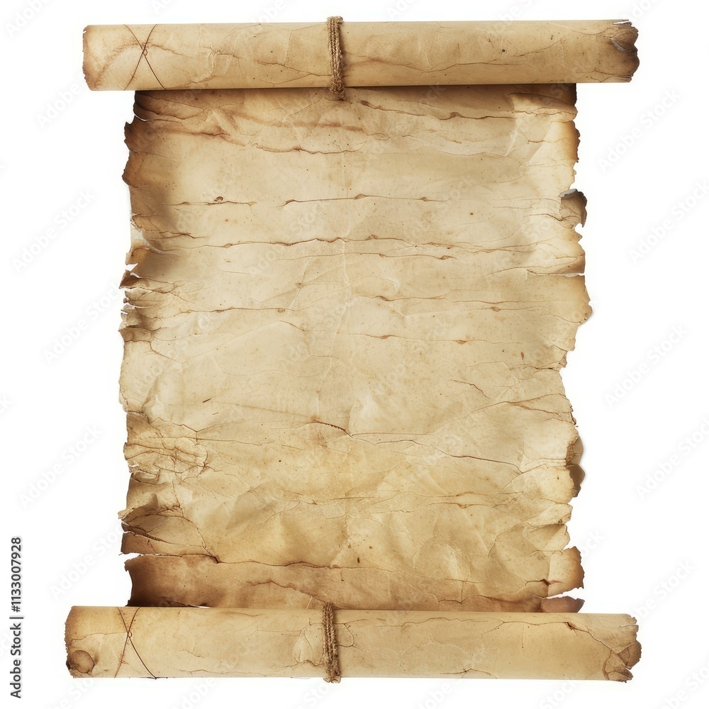 Poster aged blank scroll tied with string is waiting for a message on white background