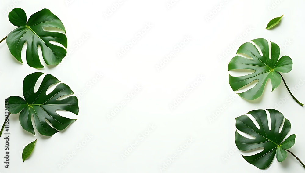 Poster monstera leaves arranged on a white background convey tropical and botanical elements in a flat lay 
