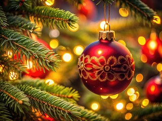 Obraz premium Close-up: A vibrant red Christmas ornament gleams, bathed in warm light, a festive holiday detail.